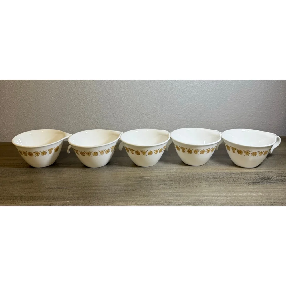 Set of 5 vintage Corelle Butterfly Gold flat cups hook handles by Corning